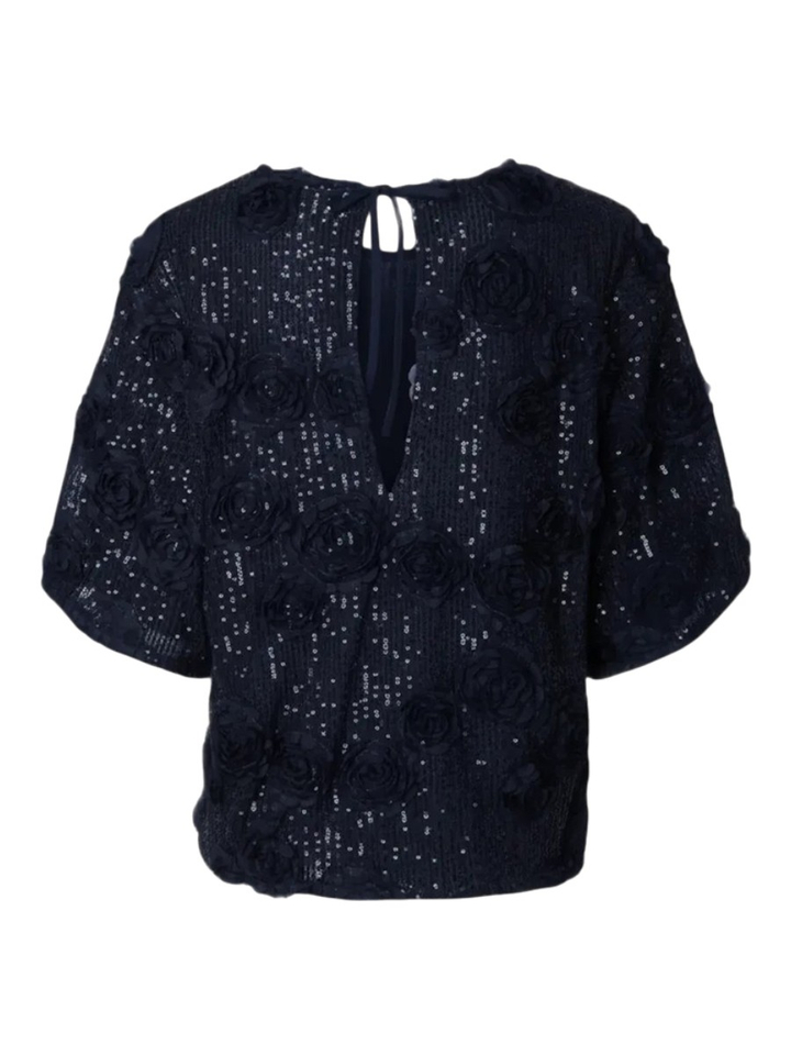 Donkerblauwe t-shirt met bloemen en pailletten Y.A.S.