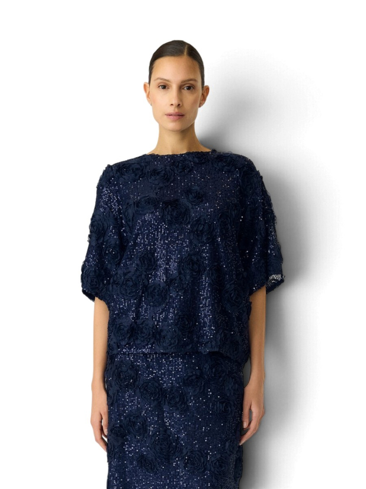 Donkerblauwe t-shirt met bloemen en pailletten Y.A.S.