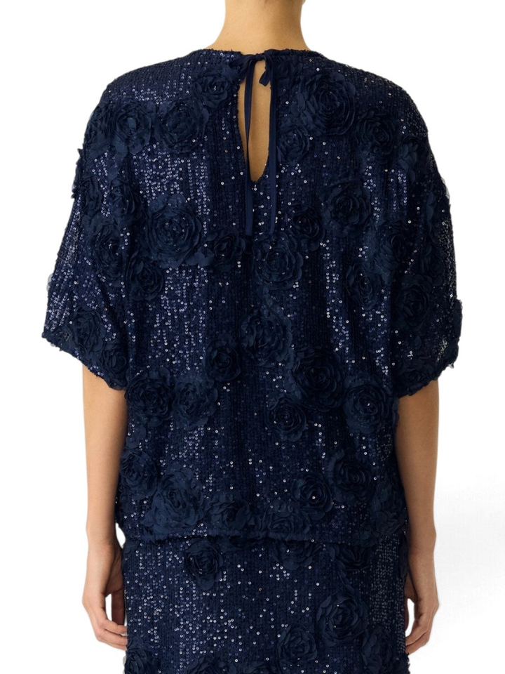 Donkerblauwe t-shirt met bloemen en pailletten Y.A.S.