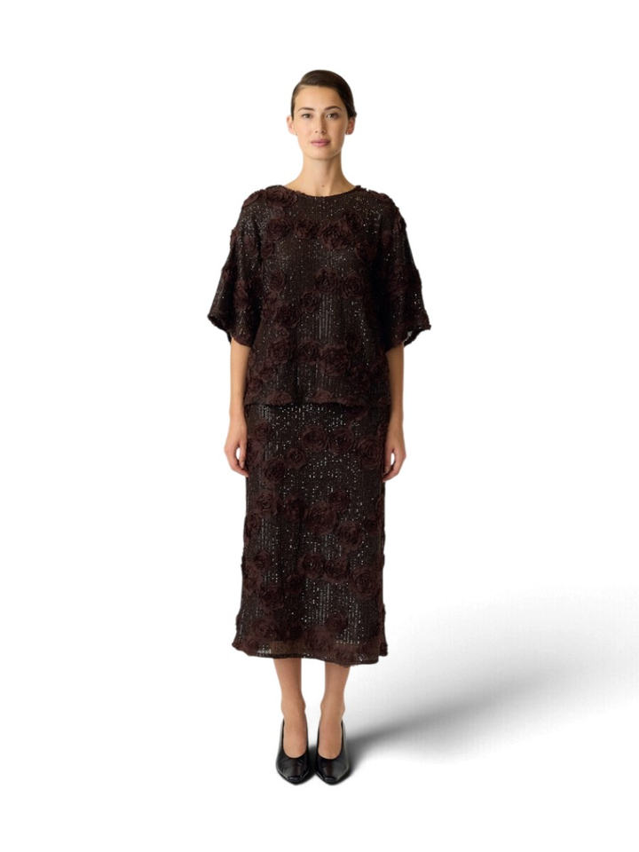 Bruine lange rok met bloemen en pailletten Y.A.S.