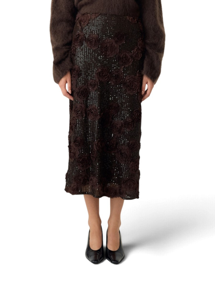 Bruine lange rok met bloemen en pailletten Y.A.S.