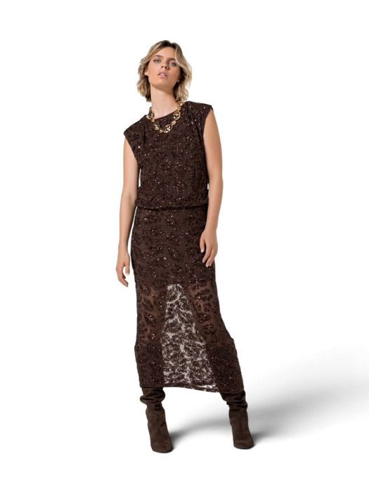 Chocoladebruine halflange rok met strass Caroline Biss