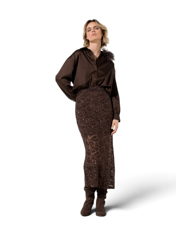 Chocoladebruine halflange rok met strass Caroline Biss